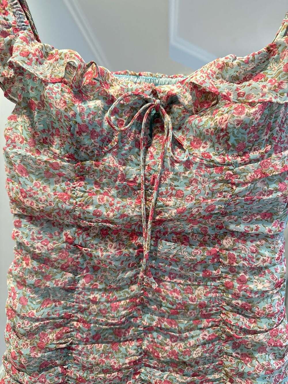 ASTR The Label Teal Pink Floral Ruched Off-Shoulder Mini Dress (44) - Picture 3 of 7